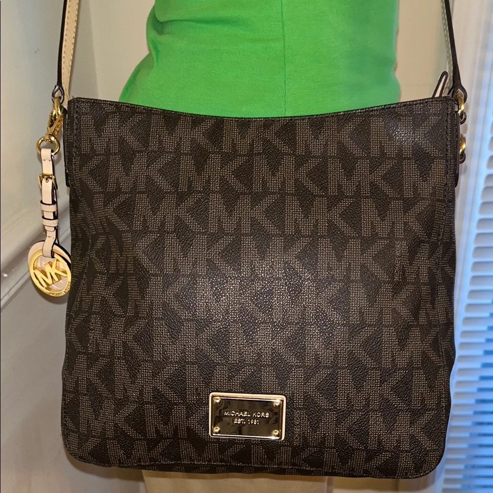 Michael Kors Brown Signature MK Monogram Crossbody Shoulder Bag Purse - Picture 3 of 16